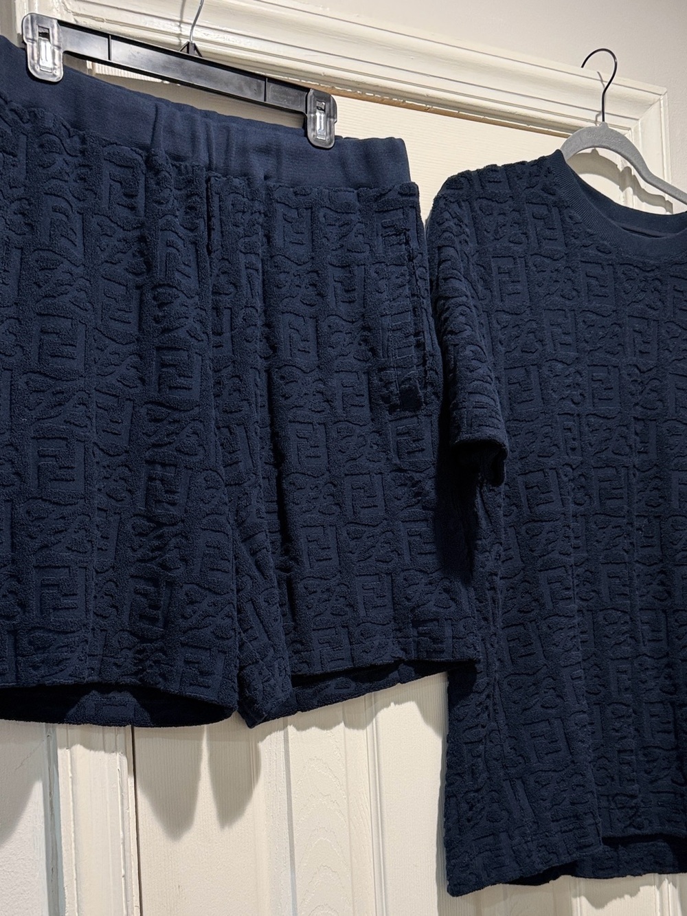 Fendi Men’s Navy Terry Cloth Logo-Embossed Shorts, Top & Matching Bucket Hati